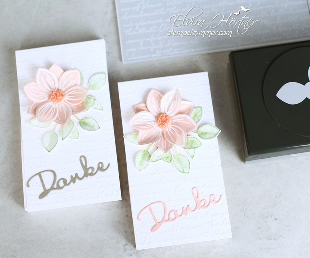 Florale Freude-Schoen geschrieben-Schreibschrift Praegeform-Merci-Goodie-Schokolift-Stampin Up