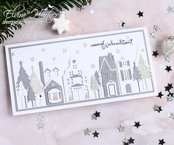 Weihnachtskarte im Slimcard Format mit Stanzformen Festliche Strasse 